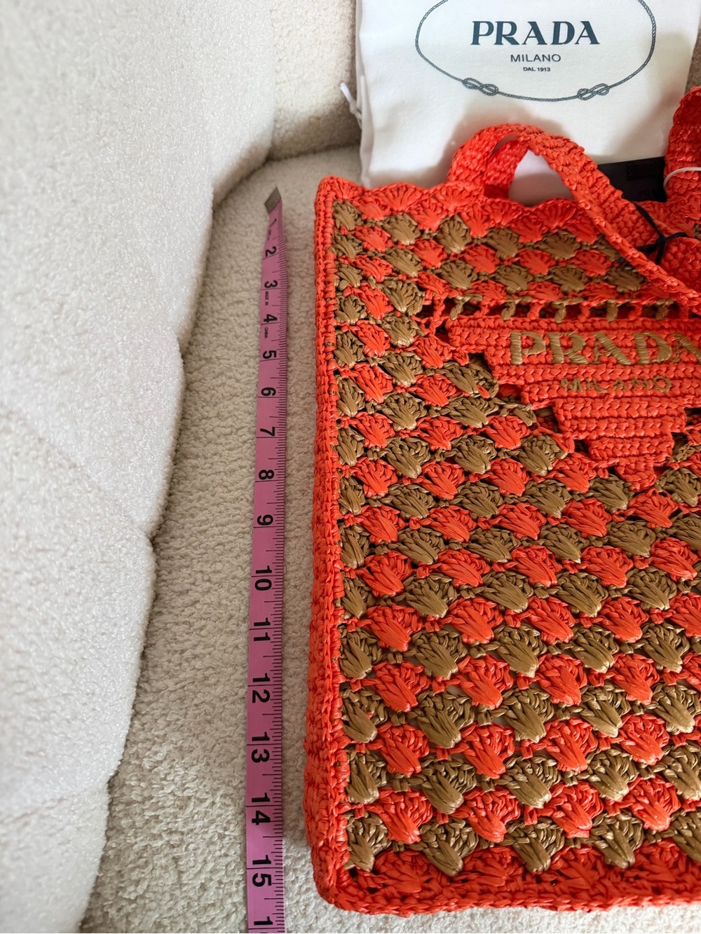 Prada Large Raffia Crochet Tote Bag Orange Brown Shopping Bag NWT - Picture 10 of 14